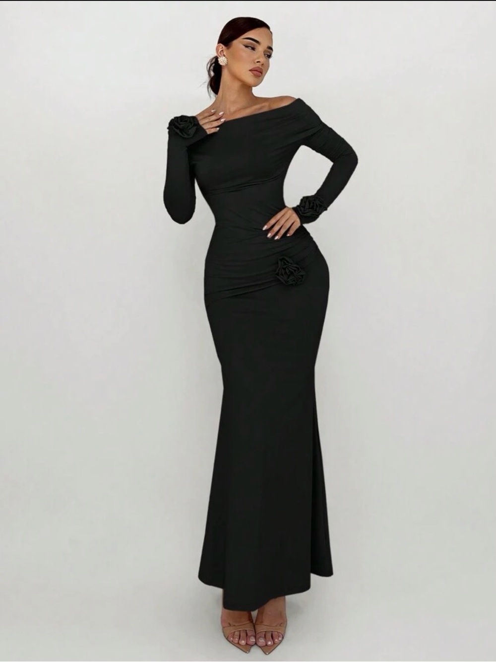 Elegant Black Long-Sleeve Women’s Top with Rosette Detail - Picture 3 of 6